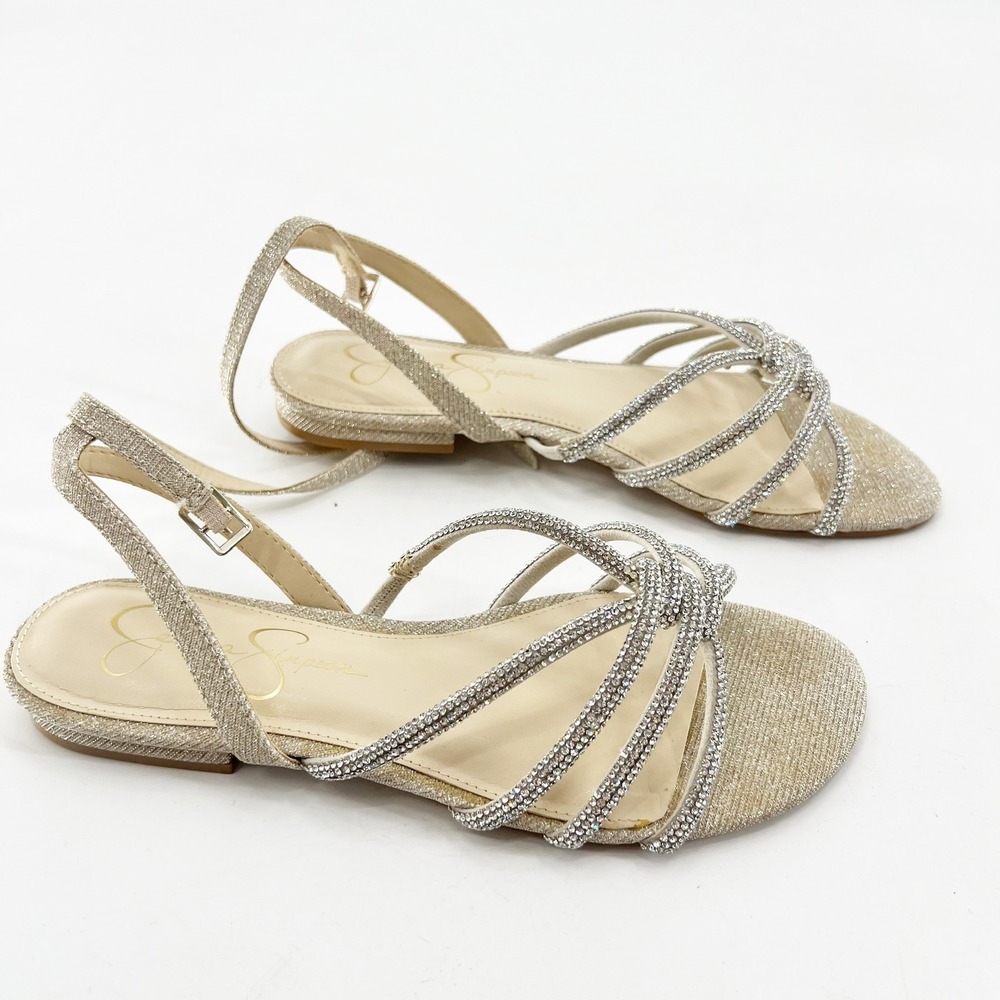 Jessica Simpson Rajiv Gold Rhinestone Strappy Ankle Flat Sandals Womens 6.5 - Picture 3 of 6